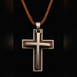 Twister Silver And Leather Cross Necklace with Tan Cord